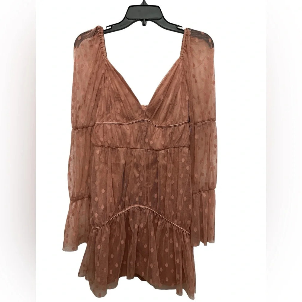 ASOS Design Tiered Satin Mesh Mini Dress Size 4 Dusty Pink Long Sheer Sleeve NWT
